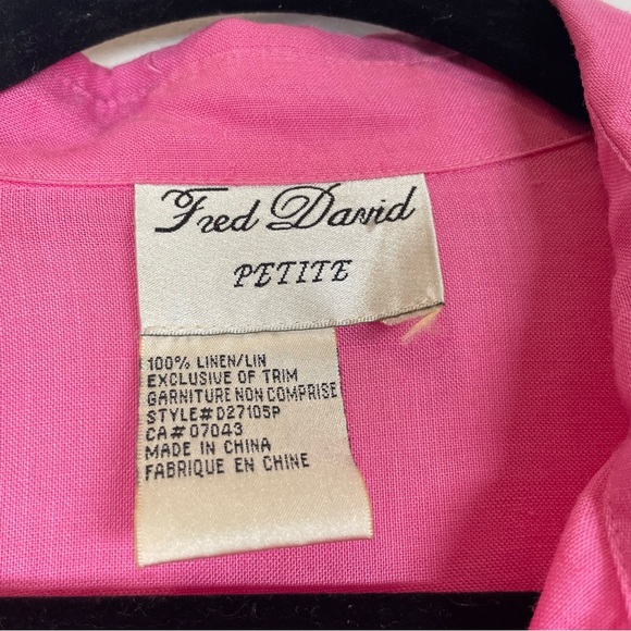 Fred David Petite Pink Linen Button Front 3/4 Sleeve Floral Embroidered Blouse - Picture 10 of 16